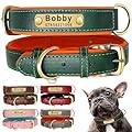 SEOUGEE Genuine Leather Dog Collar Personalised, Soft Padded Leather Dog Collars Heavy Duty with Custom Engraved Name Plate Adjustable for Small Medium Large Dogs (XS, Green 18-27cm)