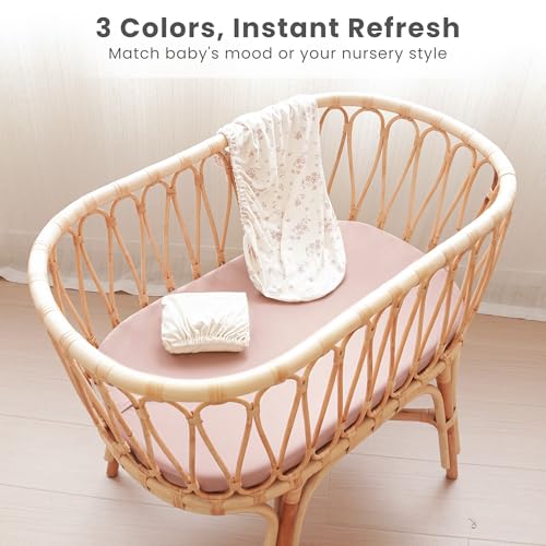 Image of Konssy 3 Pack Stretchy Bassinet Sheets for Baby Girl Boy, Soft Breathable Baby Bassinet Mattress Sheets Fit for Hourglass Oval Cradle, Moses Basket Rectangle Mattress (Blossom)