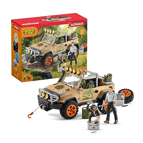 Schleich Wild Life Realistic Chimpanzee, Jeep Truck, and Ranger Figurine  16pc Playset Wild Adventure Jeep Truck with Chimp, Ranger, and  Accessories,