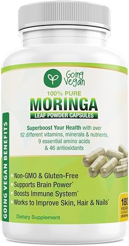 Cápsulas de Moringa, 180 píldoras veganas de hoja de oleifera pura en polvo, 1200 mg por porción, suplemento sin OMG y sin gluten, suministro de 3