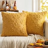 MIULEE Fall Throw Pillow Covers 20x20 Mustard Yellow Set of 2 Thanksgiving Autumn Decorative Hollow Maple Leaf Accent Pillow Covers Soft Plush Faux Wool for Outdoor Porch Home Decor Holiday Bedroom