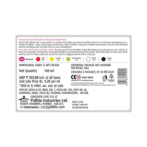 Fevicryl 3D Outliners Regular Kit 20ml x 5 | Fabric and Multi-Surface 3D Outliners Assorted Pack, Multi Colour | DIY Art & Craft | Ideal for Artists, Gifting (Image - 6)