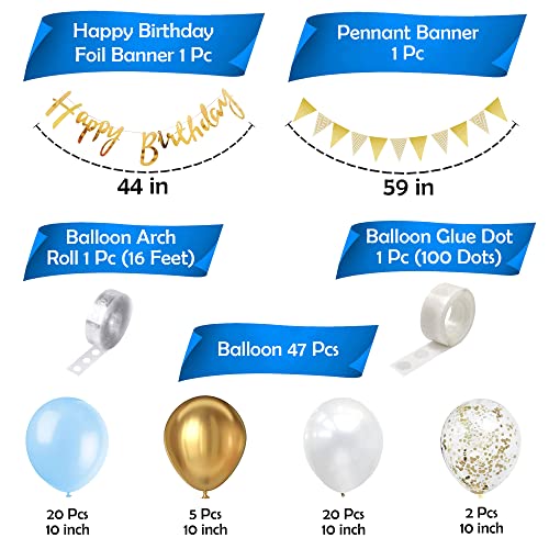 Image of Party Propz Latex,Cardstock Blue Birthday Decoration Items,Pack of 51 Kit with Pastel Blue & Golden Balloons,Balloon Arch Strip,Happy Birthday Banner,Birthday Decorations for Boys