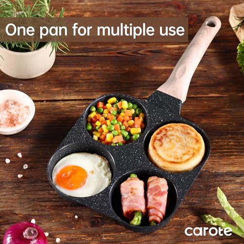 CAROTE Egg Pan Omelette Pan, 4-Cup Nonstick Granite Omelette Skillet - Pancake Pan and Healthy Egg Cooker Suitable for Gas Stove & Induction Cookware, Black