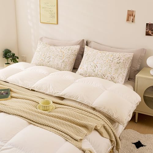 Image of ECOCOTT Floral Pillowcases Queen Size 2 Pack, 100% Washed Cotton Pillow Cases with Envelope Closure, Green Botanical Wildflower Printed Pillow Covers