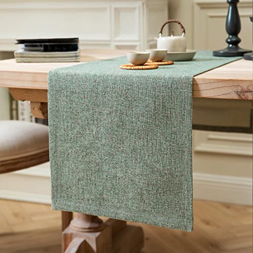 Image of ZeeMart Burlap Style Farmhouse Table Runners 48 Inches Long, Green Rustic Woven Dining Table Runner for Everyday Use, 14x48 Inches, Mineral Green