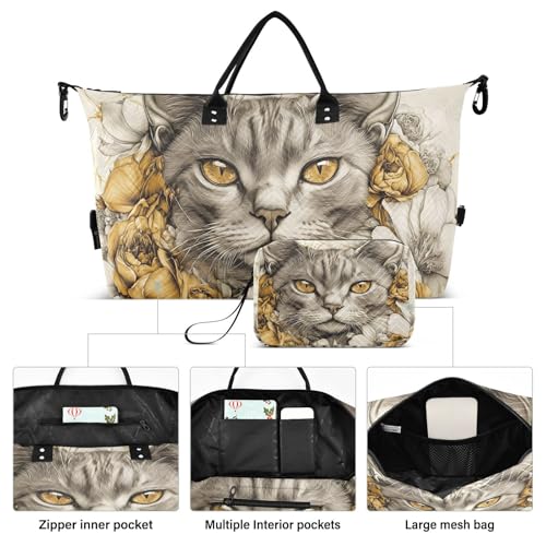 Large Travel Duffel Bag Toyger Cat Flower Cute Sports Tote Gym Bags, Shoulder Weekender Overnight Bags for Women Men, Carry On Luggage with Toiletry Bag2