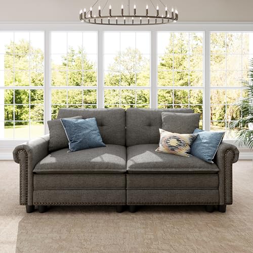 Image of SUNSHINE VALLEY 73.2 inch Modular Loveseat Cloud Couch Rolled Arms & Deep Seats | Mid-Century Modern 2-Seater Loveseat, Dark Grey, Nailhead Trim, Wider & Deeper Seats, Soft Linen Sofa for Living Room Bedroom