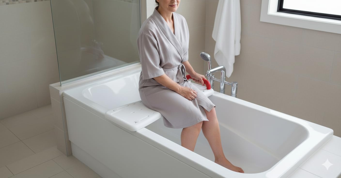 MAS Que AYUDAS – Asiento Bañera Adulto Antideslizante, Ajustable, con Asa de Seguridad, Tabla de Acceso Lateral para Bañera, con Orificios de Drenaje, Fácil Montaje, Máximo 100 kg