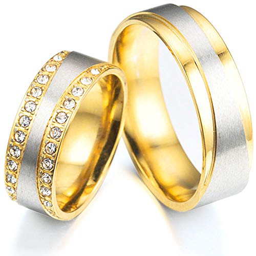 LWLH Golden Wedding Rings for Lovers Luxury Cubic Zirconia 7mm Engagement Forever Love Couple Ring for Men and Women