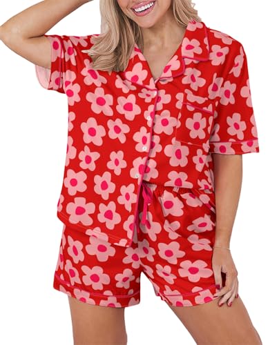 Image of KevaMolly Women Floral Notch Collar 2 Piece Holiday PJ Set | Print Short Sleeve Top, Drawstring Soft Vacation Sleep Shorts