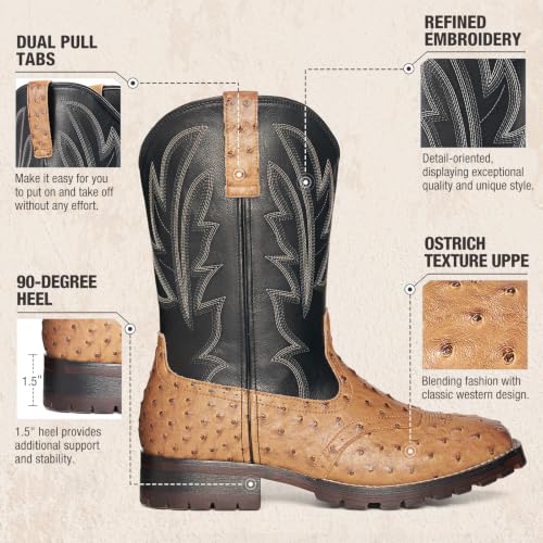 Image of Rollda Cowboy Boots for Men Western Boots Men's Square Toe Chunky Heel Mid-Calf Boots Classic Embroidered Pull On Boots