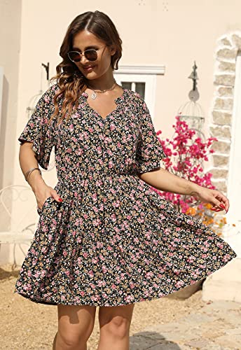 Nemidor Womens Plus Size Floral Print Boho Casual Layered Swing Skater Dress with Pocket NEM2994