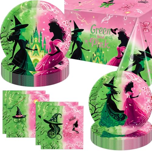 Practice Star 41 PCS Pink and Green Witch Party Decorations Include Pink Plates Green Plates Napkins Tablecloth for Witch Birthday Party Decorations
