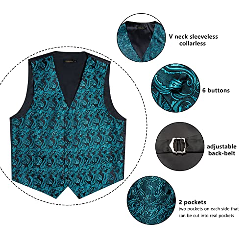 Image of DiBanGu Mens Paisley Vest Silk Sleeveless Suit Vest and Neck Tie Pocket Square Cufflinks Set for Wedding Formal