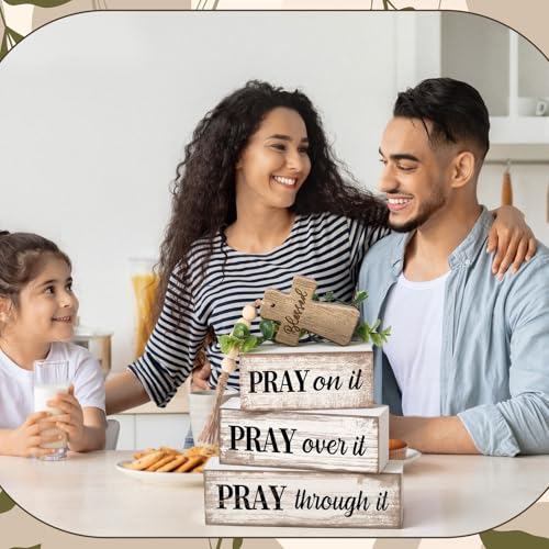 Image of Moucuny 4 Pcs Christian Table Decor Wooden Cross Wooden Bible Verse Sign Inspirational Religious Christian Centerpiece Pray Block Signs Farmhouse Table Decoration for Mother's Day