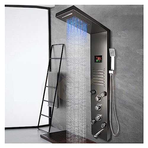 Panel de ducha digital con display, acabado gris oscuro cepillado, columna de ducha LED con efecto cascada y chorros hidromasaje, grifo mezclador para baño (gris oscuro) miniatura 1