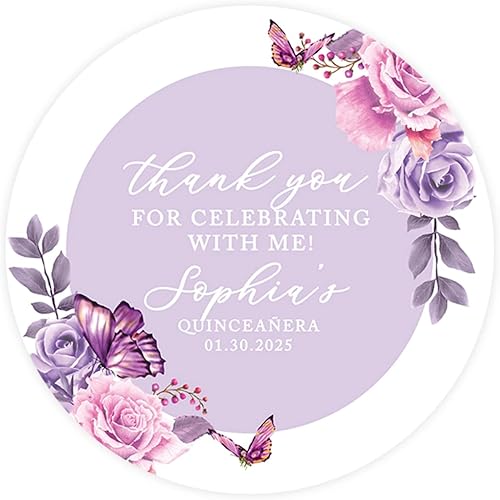 Miniatura 8 de Andaz Press Paquete de 40 etiquetas de quinceañera redondas personalizadas de 2 pulgadas, mariposas azules, etiquetas adhesivas personalizadas para