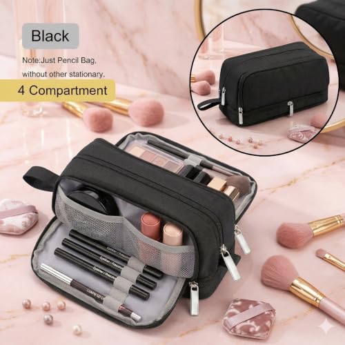 Image of Multi-Compartment Travel Makeup Organizer Bag for Women, Large Capacity Cosmetic Pouch with Multiple Zipper Compartments, Makeup Brush Holder & Mesh Pocket, Portable Toiletry Storage Bag - Black