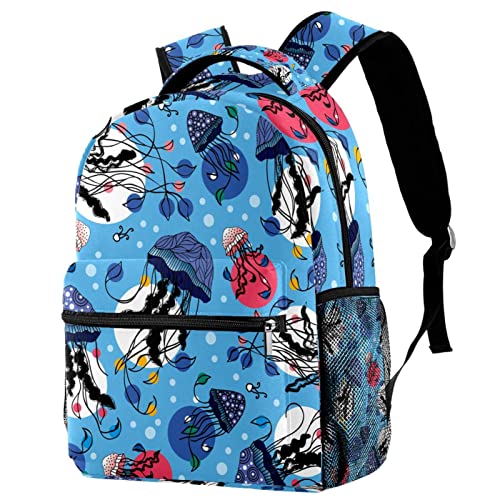 Sac à dos de voyage original bleu motif méduse et pois avec porte-gourde