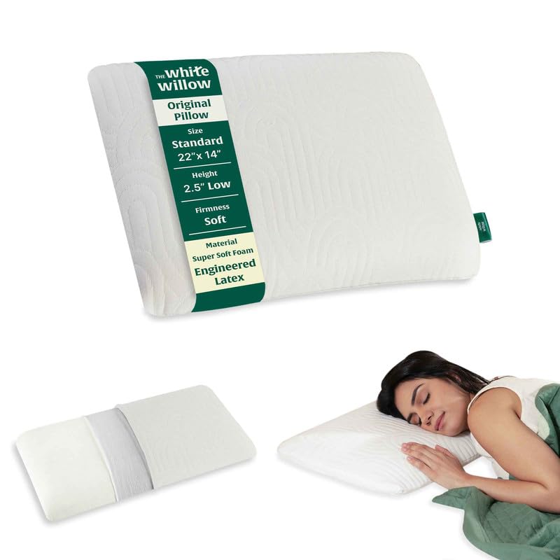 The White Willow Thin Pillow for Sleeping-Slim Engineered Latex Super Soft Slim Support for Neck & Shoulder Relief-Flat Support-Orthopedic Cervical for Neck Support-Standard Size-2.5" H-Classic White