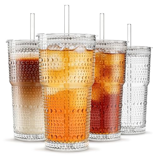 Image of INSETLAN 20oz Hobnail Glass Cups with Lids and Glass Straws - 4 Pieces, Thick-Walled Glass Tumblers for Iced Coffee, Smoothies, Milk, Water, Juice, and More - Elegant and Durable Drinking Glasses