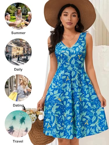 Image of HUHOT Womens Sleeveless V Neck Dress with Pocket Summer Beach Midi Flared Tank Dress