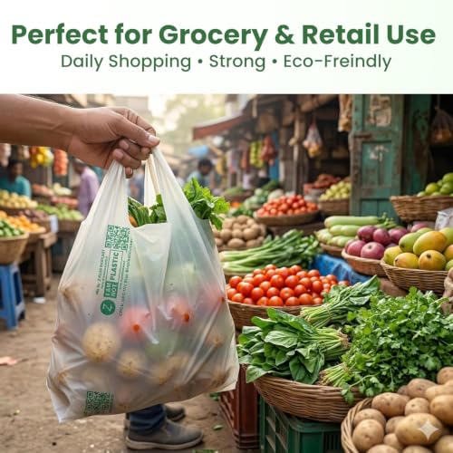 Image of ECOZ Compostable & Biodegradable Carry Bags | Eco-Friendly Plastic-Free Shopping Bag for Grocery, Food, Retail & Vegetables | 8x10 Inch | Approx Pack of 200 | Load 1kg Capacity | for Supermarket