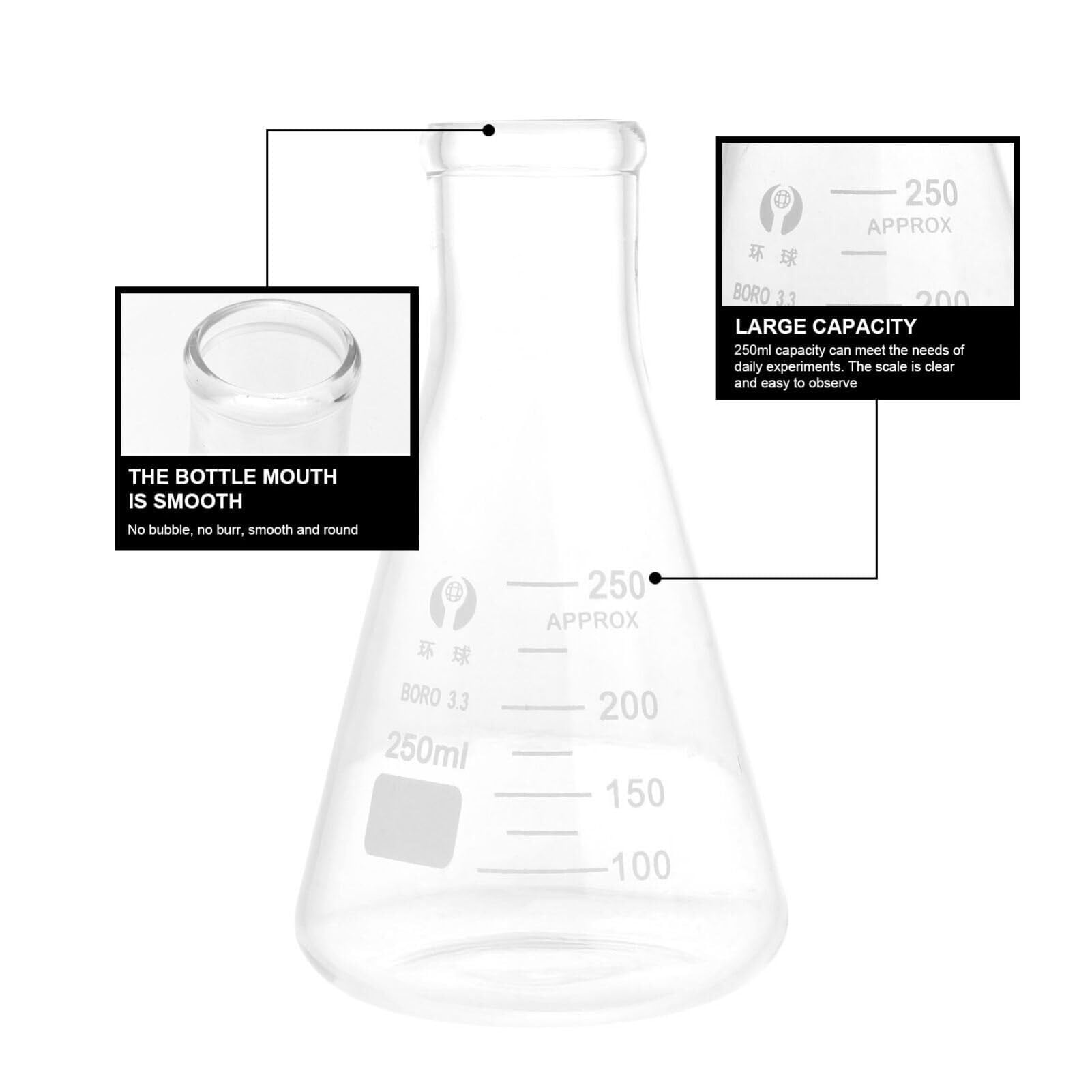 Juego de 4 Matraces de Erlenmeyer de Vidrio Borosilicato 250ml - Matraces Cónicos de Laboratorio con Graduaciones Claras(14X8.5CM)