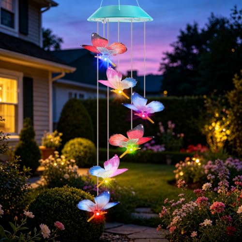 Image of Toodour Solar Wind Chime, Color Changing LED Swaying Butterfly Wind Chimes, Upgrade Butterfly with Fluttering Wings, Waterproof Solar Outdoor Light Decor for Garden Window Patio, Gift for Mom Grandma