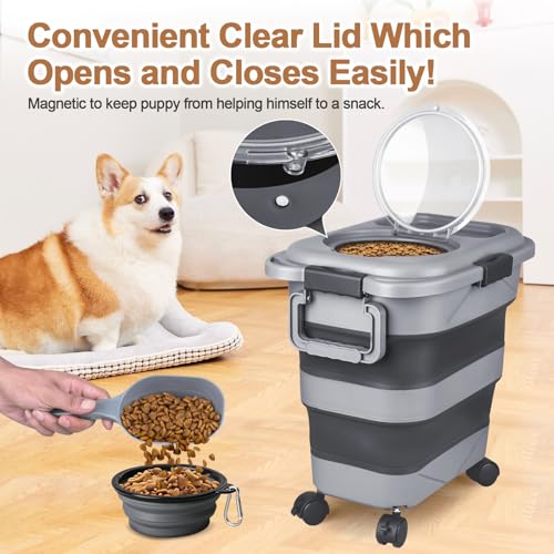 Dog Food Storage Container, 10-20 lbs Airtight Collapsible Cat Food Storage Container with Attachable Wheels, Portable Handle, Dog Food Scoop for Dog Cat Bird Pet Dry Food Storage Bin Dark Grey - Image 5