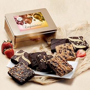Dulcet Gift Baskets Congratulations Chocolate Fudge Brownie Assortment Gift Tin Delicious, Fresh Baked Snacks Yummy Flavors including Chocolate Cheese -Walnut -Fudge-Chocolate Chip Blondie Great Client Referral Gift Package or New Customer Welcome Gift.
