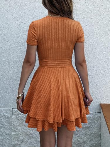 Image of Womens Summer Mini Dresses Short Sleeve Casual Crewneck Knitted Crochet Flowy Tiered Sundress