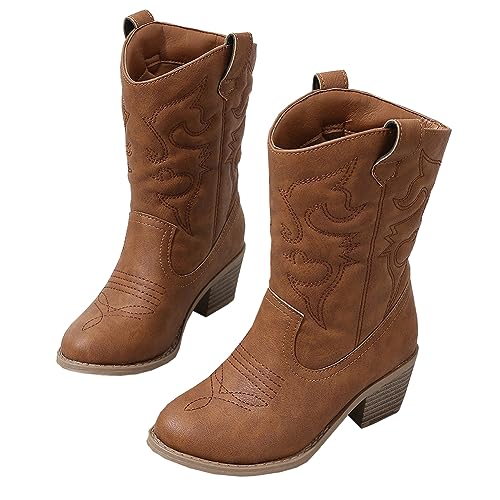 Low Heel Cowgirl Cowboy Western Boots Girls Mid Calf Riding Shoes