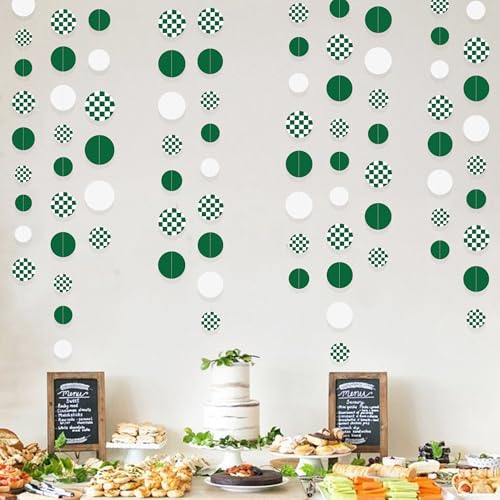 Image of Green Party Decorations White Green Checkered Circle Dots Streamer Hanging Paper Polka Dot Garland for Birthday Wedding Shower Bachelorette Christmas Dinosaur Arbor Day Picnic Golf Party Supplies