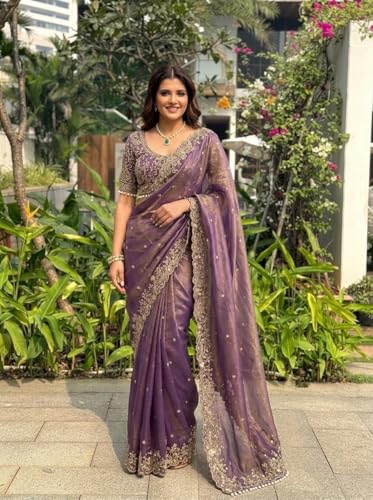Image of ORHANS Women's Organza Silk Saree with Unstitched Blouse Piece Heavy Embroidery Work and Floral Pattern | Womens Sarees for Weddings | Party and Festivals Sari for Woman | Silk Saree