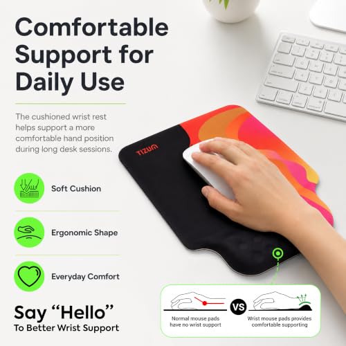 Image of tizum Gel Mouse Pad with Memory Foam Wrist Support & Anti-Slip Rubber Base | Ergonomic Wrist Rest Pad, Ultra-Smooth Lycra Surface for Wired & Wireless Mice, Laptop & Desktop Compatible (Black)