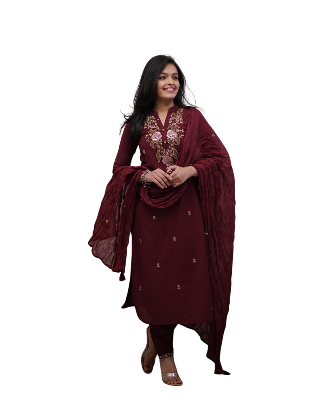 Sanwariya craftWomen's Cotton Embroidery work Straight kurti with Pant & mulmul dupatta set-picture-46