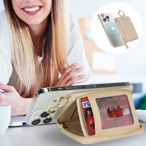 Image of Compatible with MagSafe Wallet,Magnetic Phone Wallet Card Holder for iPhone 17 /16 Pro Max /15 plus /14 Pro /13 /12 Series,PU Leather Zipper Pocket Adjustable Stand-Beige