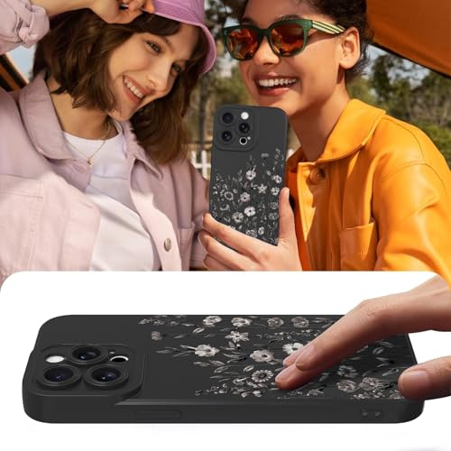 Image of Designed for iPhone 15 Pro Case Flower for Women Girls, Black | Cute Floral Pattern Liquid Silicone Phone Case [Full Camera Protection] Slim Soft TPU Protective Cover