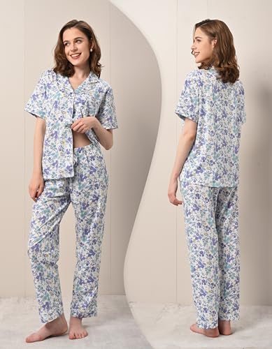 Image of NAP BOUND 100% Cotton Women's Pajama Sets Short Sleeve Button Down Soft Pjs 2 Piece Lounge Set with Pocket Nightwear XS-XXL