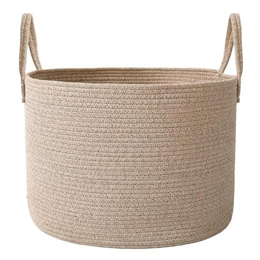 JMvicyroam 65L Extra Large Blanket Basket for Living Room - Woven Cotton Rope Laundry Hamper with Reinforced Handles - Storage Bin for Pillows, Comforters & Toys - Machine Washable,Oatmeal