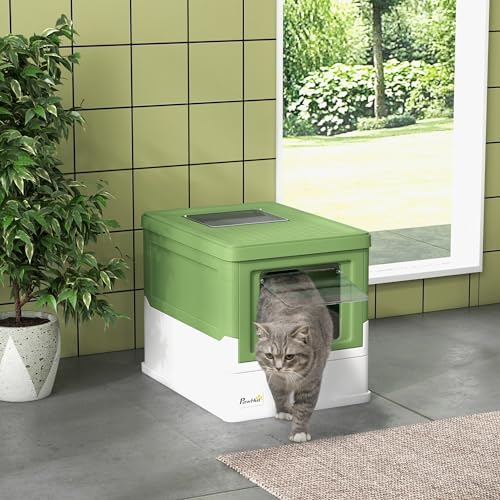 PawHut Caja de Arena Plegable para Gatos Arenero Cerrado para Gatos con Cubierta Desmontable Bandeja Extraíble Techo Abatible Puerta de Entrada y Pala 47,5x35,5x36,7 cm Verde Aguacate y Blanco 2 PRIVACIDAD PARA TU GATO: Este arenero cerrado para gatos ofrece a tu mascota un espacio privado en el que hacer sus necesidades y ayuda a contener los olores
FÁCIL DE LIMPIAR: Equipada con una pala, esta caja de arena para mascotas tiene una bandeja extraíble que le permite limpiar fácilmente la arena. Los bordes altos también reducen el riesgo de que la arena se esparza fuera
FÁCIL DE USAR: La puerta frontal de esta caja de arena cubierta permite que el gato entre y salga fácilmente, limitando la posibilidad de que el gato saque la arena de la caja. Esta caja de arena para gatos también está equipada con una puerta superior que solo se abre hacia afuera para dejar salir al gato