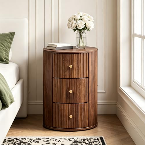 FurSch Fully Assembled Round End Table Fluted Mid Century Side Table with 3 Storage Drawers for Living Room Bedroom Couch (Walnut-1 pc)