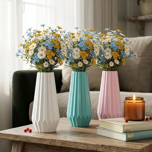 Image of TrustBasket Serene Flower Vase Set of 3 Sky Blue Pink White Decorative Plastic Table Accent for Living Room, Bedroom & Dining Table, Modern Home Decor Display for Fresh or Artificial Flower