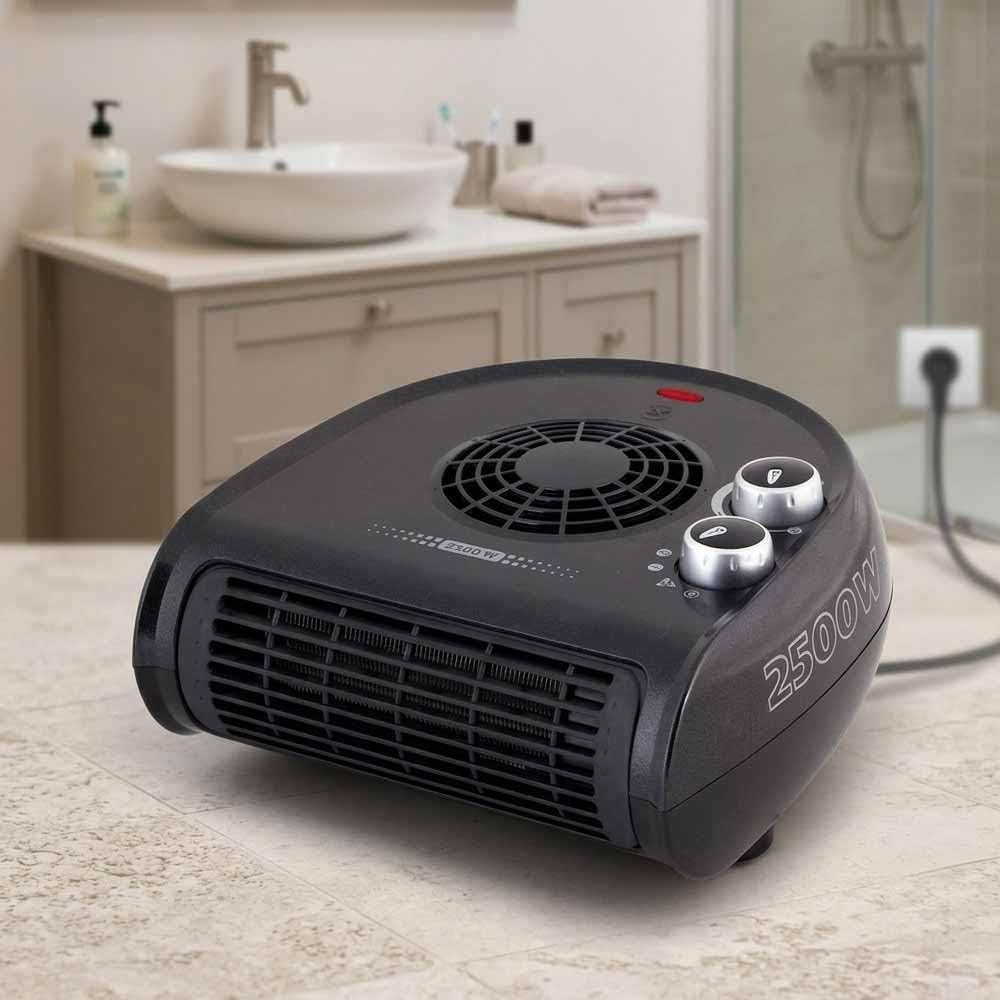 Suinga Riscaldamento orizzontale Due livelli di potenza: 1250 W-2500 W, colore: Nero, selettore rotante a 3 posizioni, funzione ventilatore.
