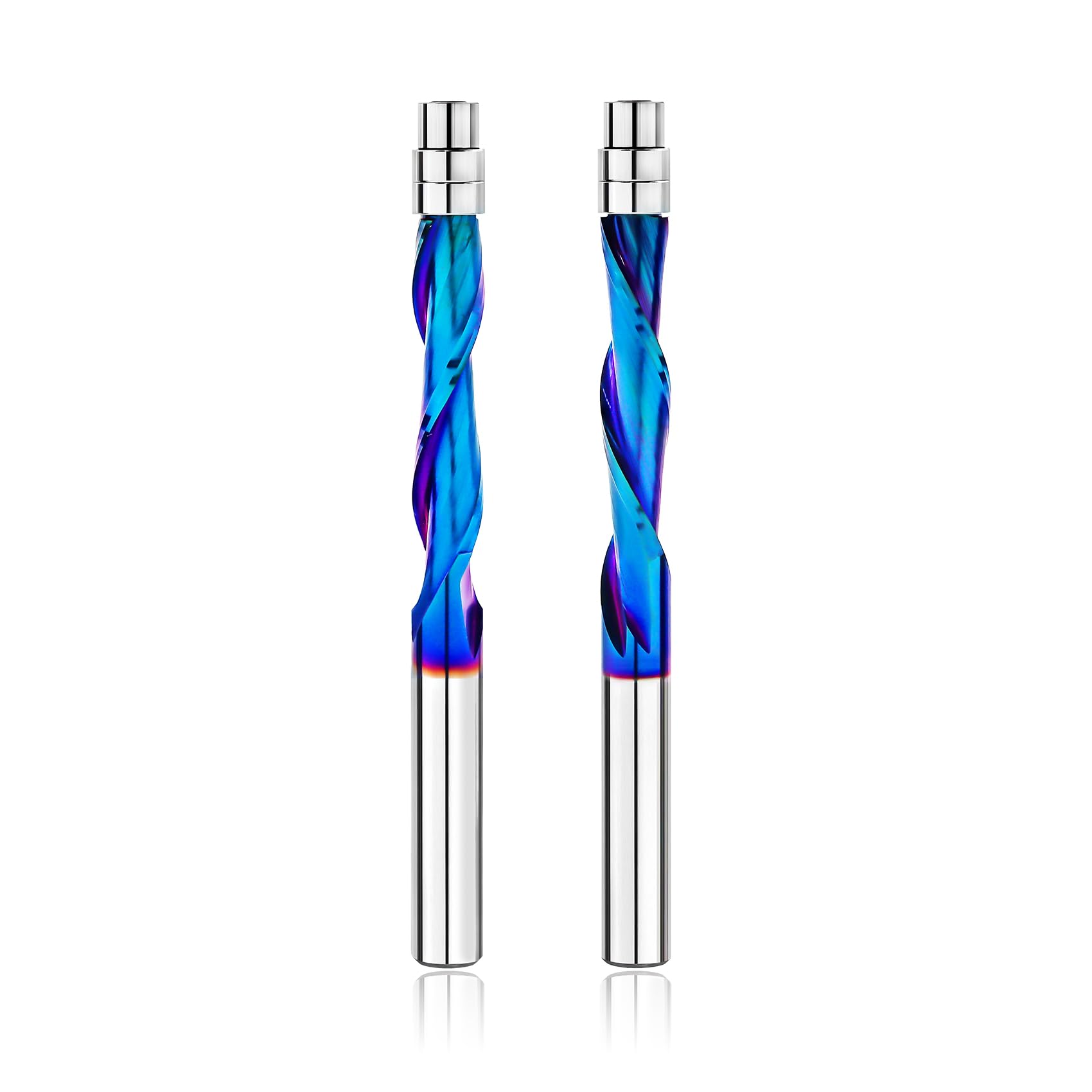 BGTEC Spiral Flush Trim Router Bits, 2pcs Up&Down Cut Spiral Bits, 1/4" Shank, 1-1/8" Cutting Length, Solid Carbide, Nano Coated for Woodworking Trimming