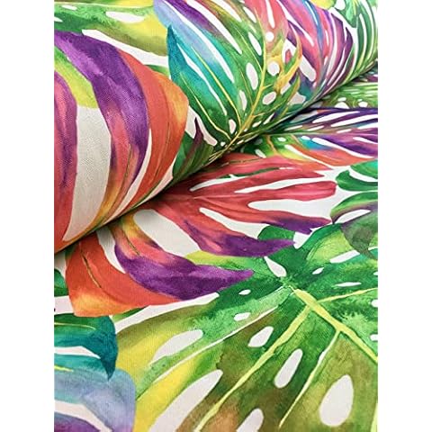 Tropical Palm Leaves Fabric Curtain Upholstery Cotton Material Jungle Palm Leaf - 140cm Wide (Sold by The Metre) Green red Pink Cover