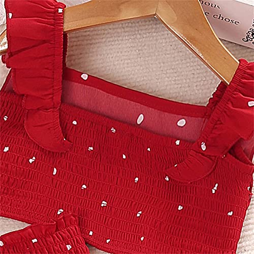 Kids Girls Outfits Set Kids Toddler Girls Ruffled Sleeve Vest Tops Polka Dot Print Elastic Waist Skirt Outfits Set (Red, 6-7 Years) #TOP3