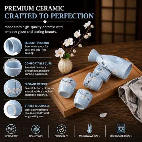 Image of Melbify Japanese Ceramic Sake Serving Set | 1 Pot + 4 Cups| Pot(180 ml) & Cup(45 ml)| Tokkuri Carafe & Cups | Sake Glasses for Drinking | House Warming Gift Set | Anniversary | Couple